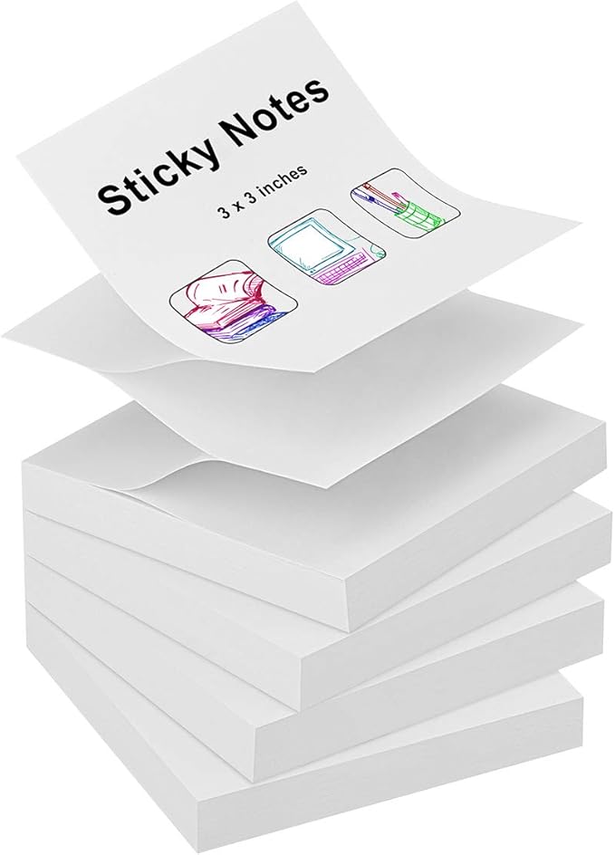 ZCZN 400 Sheets Pop-up Sticky Notes, 3 x 3 Inches, 4 Pads Bright Color Self-Stick Notes, 100 Sheets/Pad, White
