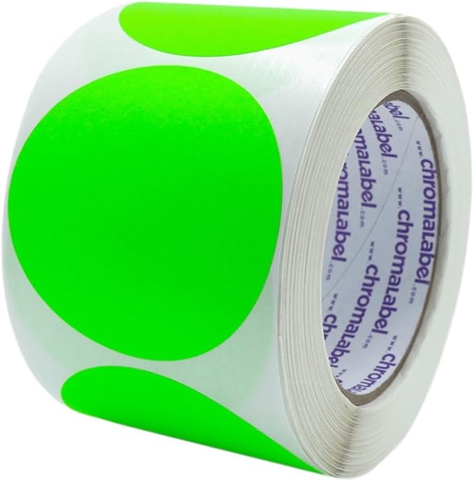 ChromaLabel 3 Inch Round Sticker Labels, High Visibility Permanent Sticky Dots Color Coding Labels, Easy to Write On Color Coded Stickers - 500 Colored Labels per Roll - Matte Finish Fluorescent Green