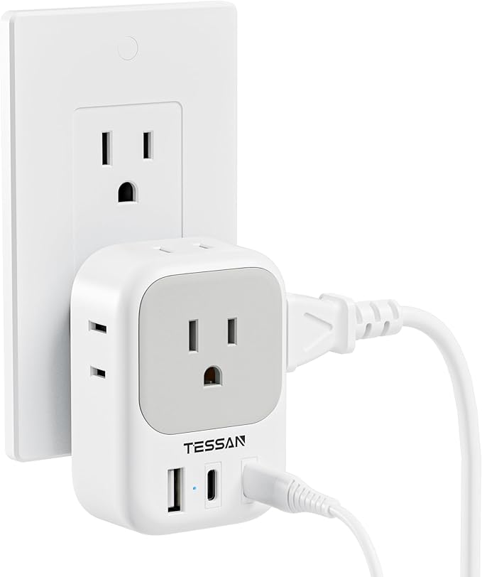 USB Wall Charger, TESSAN Outlet Splitter with 4 AC Outlets Extender and 3 Charger (2 USB C Blocks), Multi Plug Expander Charging Station for Cruise, Home, Office, Dorm Room Essentials
