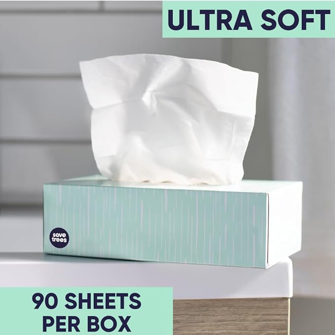 Bamboo Facial Tissues -24 Boxes- Bamboo Tissue Boxes, 90 Hypoallergenic Facial Tissues per Box - Unscented, Fragrance-Free, Eco-Friendly Tissues in Plastic-Free Packaging