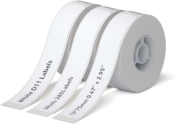 NIIMBOT D11 Label Maker Tape Adhesive White Label Paper 0.47" X 2.95" (12 X 75mm) 95 Labels/Roll, Compatible for NIIMBOT D11 D110 Label Printer, Thermal Paper Black on White, 3-Roll