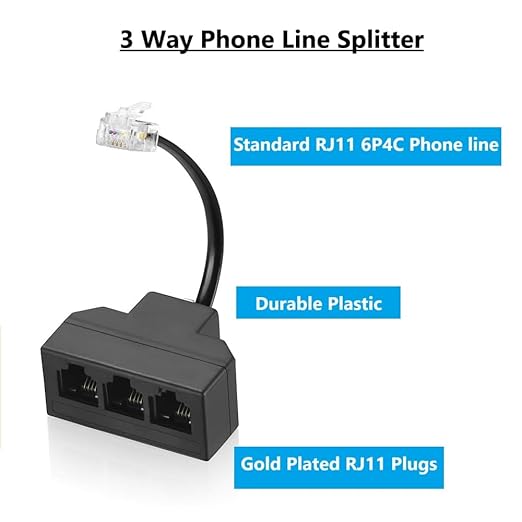 RJ11 Cable 3 Way Telephone Splitter 3 Pack, Black, Splitter 6P4C Connector Phone Line Cord Adapter with Cable for Landline Telephone Wire, Suitable for Telephone, Fax Machine