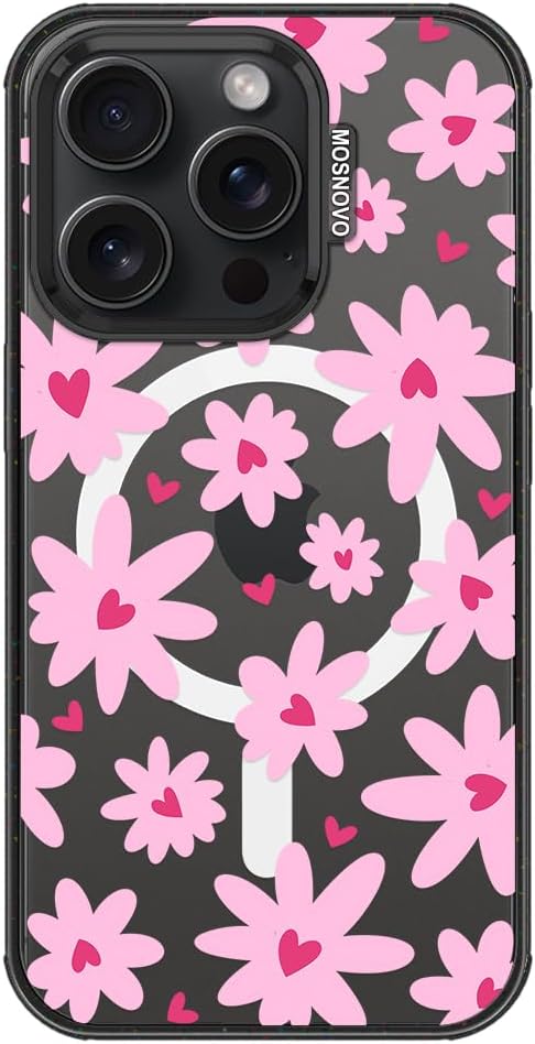 MOSNOVO Magnetic Case for iPhone 15 Pro, 10ft Military-Grade Protection, Compatible with Magsafe, Shockproof Phone Case for iPhone 15 Pro - Love in Bloom - Clear Black