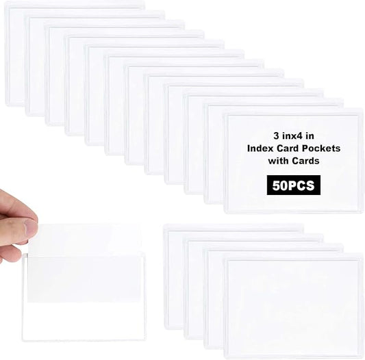 50 Pieces 3x4 inch Adhesive Plastic Pockets Sleeves with 50 Pieces White Insert Cards, Self Adhesive Clear Label Holder Index Card Pocket Sleeves Clear Plastic Sticky Labels Holders