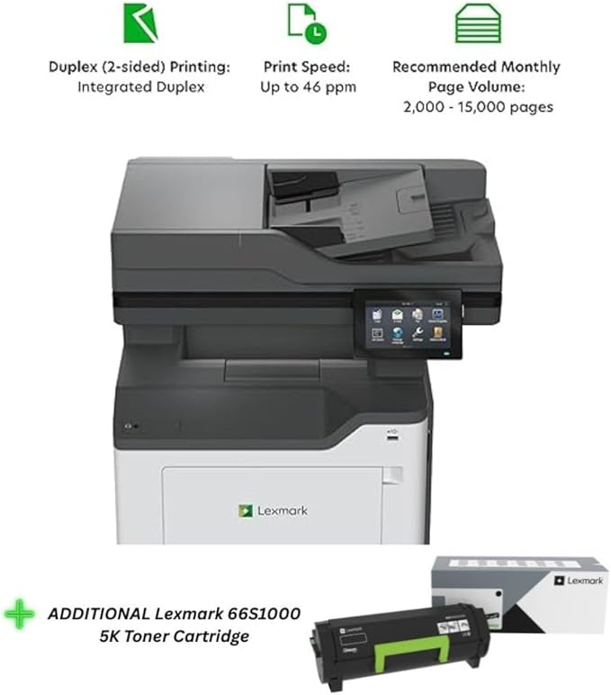 Lexmark MX532adwe Monochrome Laser All-in-One Printer, Duplex, 4.3-inch Color Touch Screen, Up to 46 ppm (38S0820) Bundle with 66S1000 Black 5K Yield Toner Cartridge