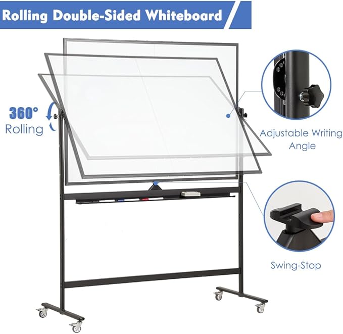Large Magnetic Mobile Whiteboard 96"x48", Rolling Double Sided Stand Whiteboard on Wheels, Reversible Adjustable Height/Angle Dry Erase Board 8' x 4' Easel White Board for Office Classroom, Black