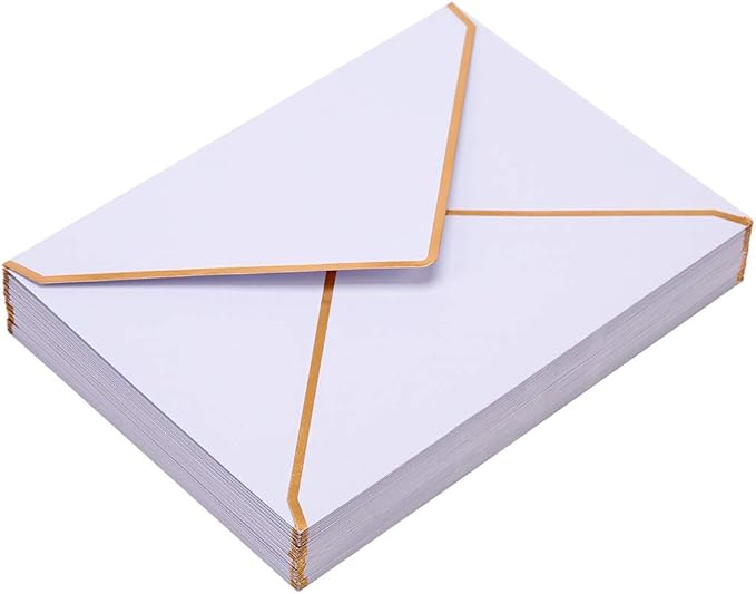 50 Pack A7 Envelopes 5 x 7 Card Envelopes Self-Adhesive V Flap Envelopes with Gold Border for Office, Wedding Gift Cards, Invitations, Graduation, Baby Shower, Parties (White)