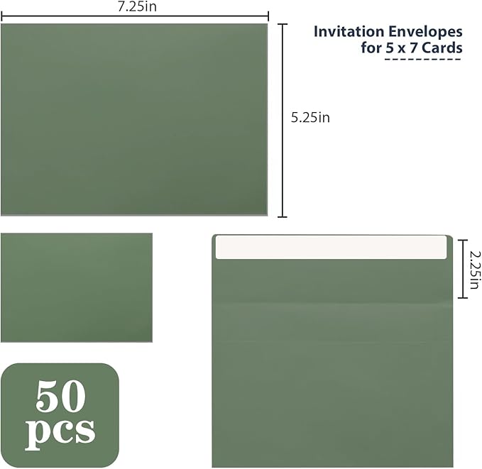 50 Packs A7 Envelopes,5x7 Envelopes,5x7 Envelopes for Invitations,Printable invitation envelope,Photos, postcards, greeting cards, mailings, Wedding Self-sealing Envelopes (Sage Green)