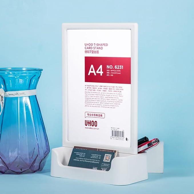 ABS Plastic Sign Holder, Menu Displays T Shape Sign Stand with Business Card Holder, Plastic Display Stand for Ads, Menu, Photos, Business Card (Black A5 148×210mm/5.83×8.27 inches)