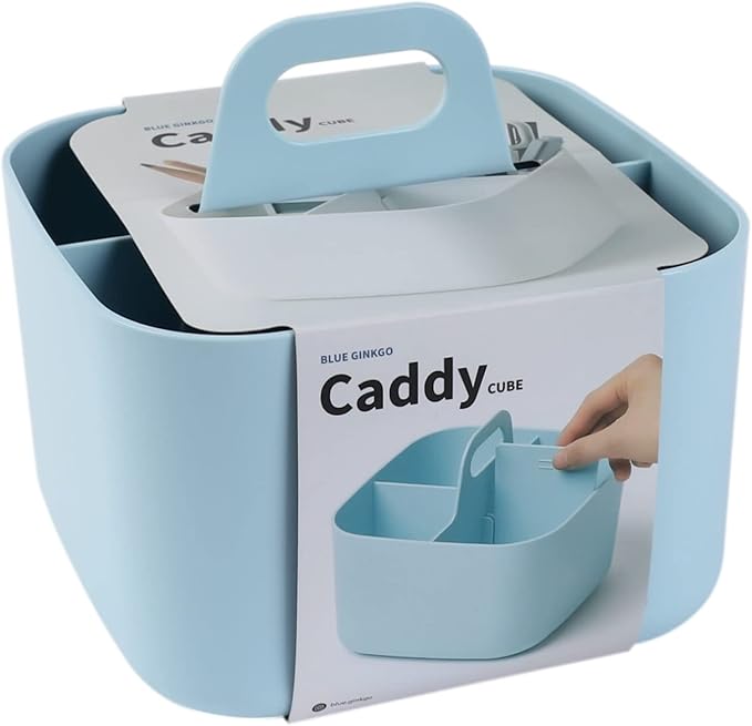 BLUE GINKGO Stackable Organizer Caddy – Korean-Made Portable Tote for Bathroom, Office, Crafts, or School Supplies (Square, Blue)