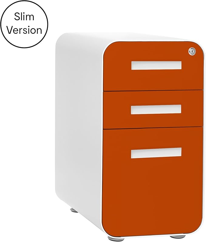 Laura Davidson Furniture Stockpile Slim 3-Drawer Mobile File Cabinet with Lock - Under Desk Metal Filing Cabinet, Legal/Letter File Folders, Wheels and Stationary Feet, Pre-Assembled, Orange Faceplate