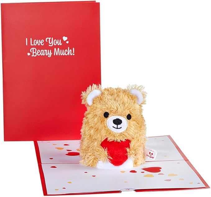 Lovepop Plushpop Soft Animal Pop-Up Card for Her and Him - 3D Bear Everyday Greeting Card for Boys, Girls, Men, Women - Love You - 6" x 8" Card - Brown
