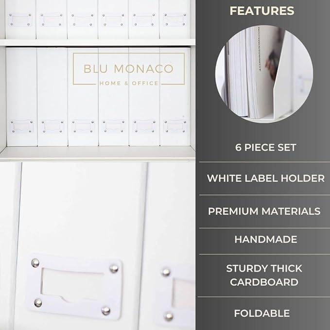 BLU MONACO Set of 6 Foldable White Magazine File Holder with White Leather Label Holders – Stylish Cardboard Desk Organizer Vertical File Organizers Magazine Storage for Workspace and Shelves