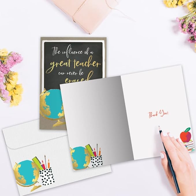 Tree-Free Greetings Teacher Appreciation Cards - Artful Designs - 1 Card + Matching Envelopes - Made in USA - 100% Recycled Paper - 5"x7" - Lighthearted, For Teacher, Never Be Erased (GO64415)