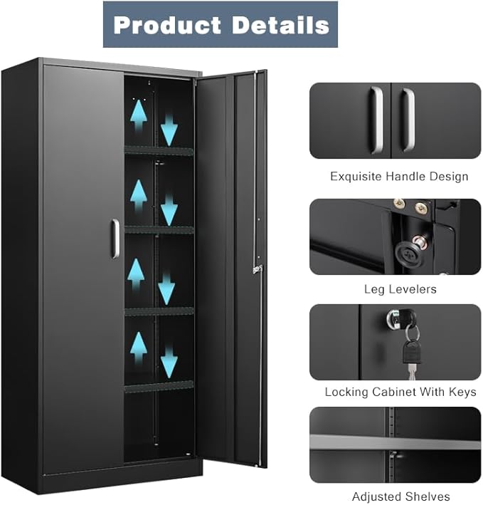 Metal Storage Cabinet with Adjustable Shelves, Garage Cabinet with 2 Lockable Doors, Garage Storage Cabinet, Kitchen Pantry Cabinet - 71'H, Black
