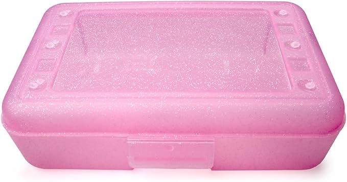 Craft County | Transparent Pencil Box | Colored Utility Box Storage Office Supplies Organizer | Pink Sparkle