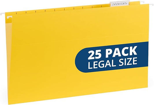 25 Blue Summit Supplies Yellow Legal Size Hanging File Folders - Durable 11pt Paper, Hanging Legal File Folders Yellow with Plastic Tabs and Inserts, Legal Size Filing, Hanging Legal Size File Folders