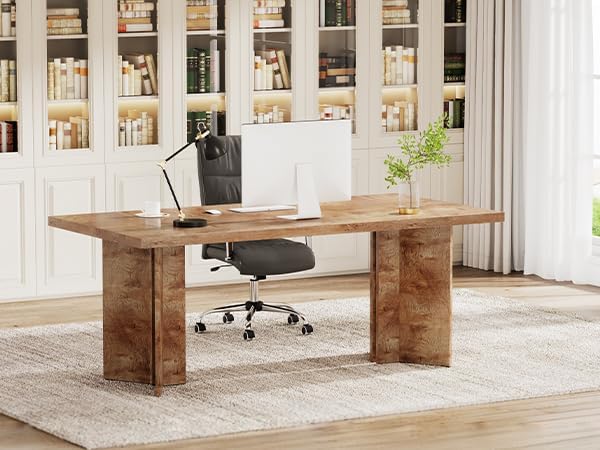 Tribesigns 63-inch Executive Desk, Vintage Home Office Computer Desk with Large Tabletop, Farmhouse Wood Writing Conference Table Workstation for Office, Study, Light Oak Brown