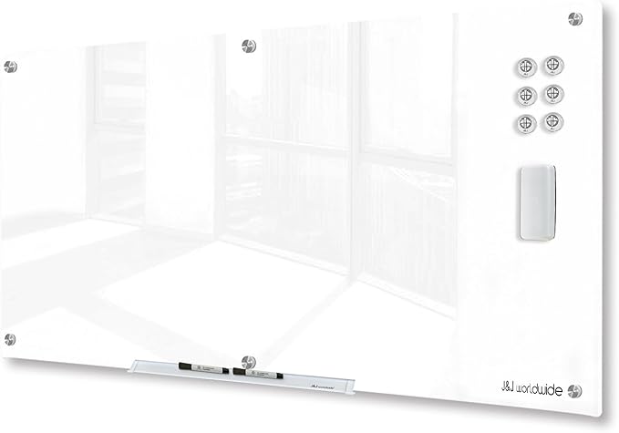 J&J worldwide Glass Whiteboard, Magnetic Brilliance White Glass Dry Erase Board 6' x 4', Includes Markers, Marker Tray, Eraser for Wall, Office, Home, School
