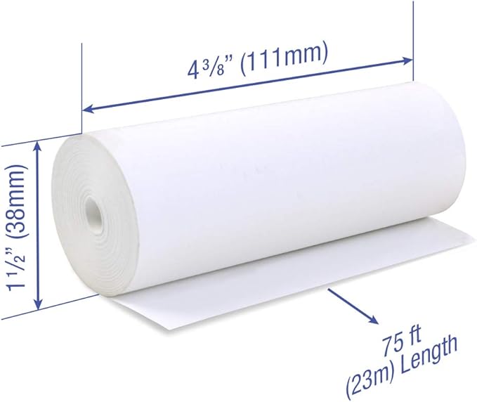4 3/8 x 75 feet x 25 rolls CORELESS BPA Free Thermal Paper Rolls for Zebra QLn420 and Star TSP800 Mobile Thermal Receipt Printers. 38mm diameter