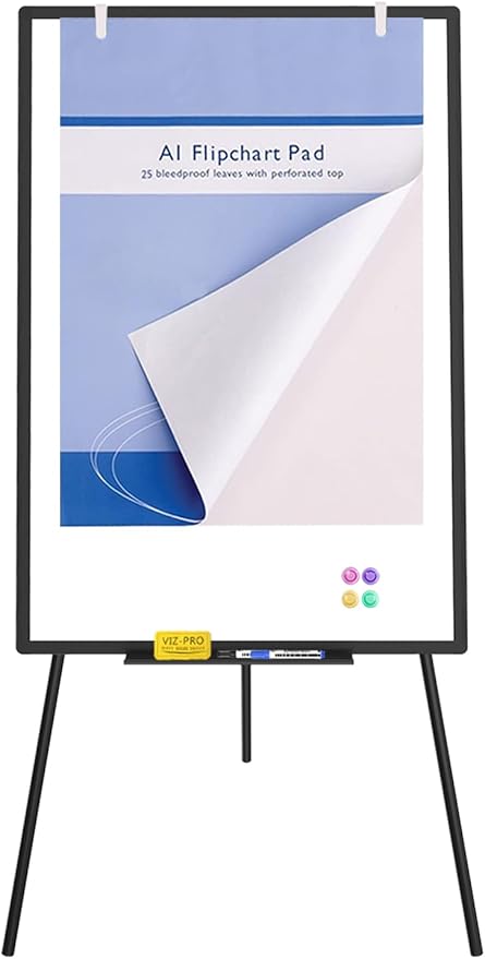 VIZ-PRO Magnetic Whiteboard Easel Black, 36 x 24 Inches, Portable Dry Erase Board Height Adjustable for School Office and Home