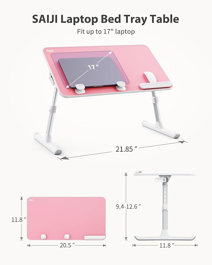 SAIJI Height & Angle Adjustable Laptop Stand, Lap Desk Bed Tray Table, Light Weight Foldable Portable Laptop Table for Couch, Sofa, Chair, Floor Desk for Adults, Kids (Pink)