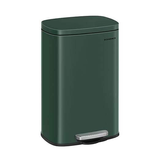 SONGMICS 13 Gallon (50 L) Trash Can, Stainless Steel Kitchen Garbage Can, Recycling or Waste Bin, Soft Close, Step-On Pedal, Removable Inner Bucket, Retro Green ULTB050C01