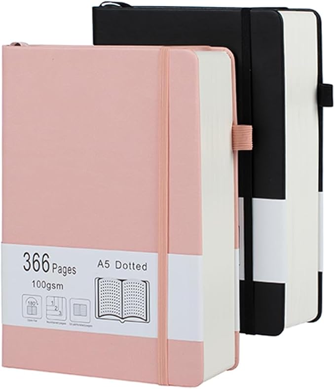 Thick Bullet Dotted Journal 2 Pack with 366 Numbered Pages, A5 Journal with 100GSM Dot Grid Paper, Hardcover Leather Notebooks for Women Men School Note Taking Office Work Diary, 5.7"x8.3" Black Pink