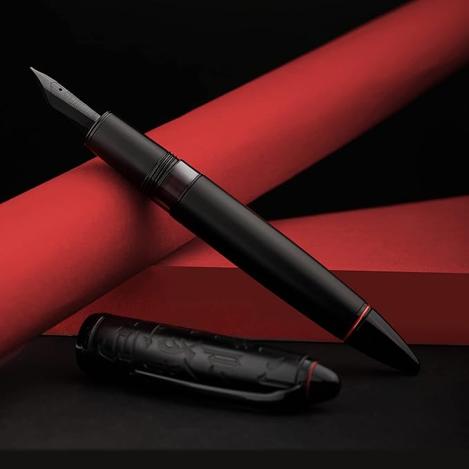 Hongdian N6 Black Metal Resin Piston Fountain Pen, Black Iridium Fine Nib Classic Pen, Includes Metal Box Writing Pen