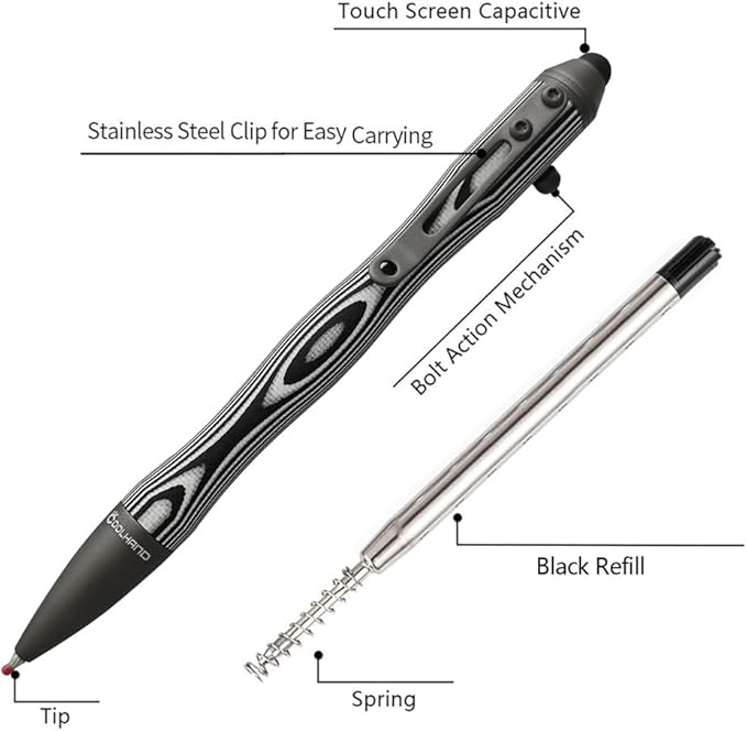 Cool Hand 5.7'' Bolt Action Pens, EDC Ballpoint Ink Refillable, Stylus for Touch Screen, G10 Body w/Pocket Clip, Ergonomic Grip, with a Free Refill, 5375-Z
