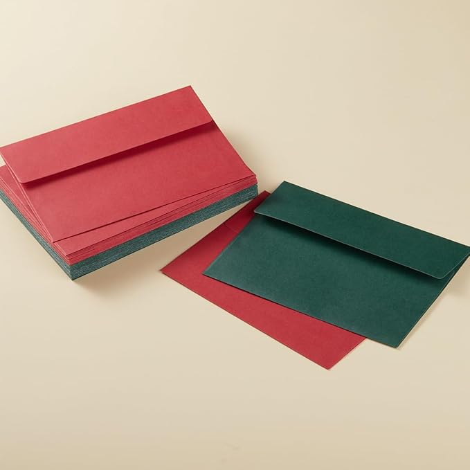 50 Pieces Christmas Metallic Color Self Seal Envelopes for Greeting Cards, Invitations, Postcards (Christmas Green/Red, 4x6)