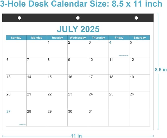 2025-2026 Calendar for 3 Ring Binder - Desk Calendar 2025-2026 from July 2025 - December 2026, 18 Months Calendar with Premium Paper, 3-Hole Calendar, 8.5" x 11", Blue