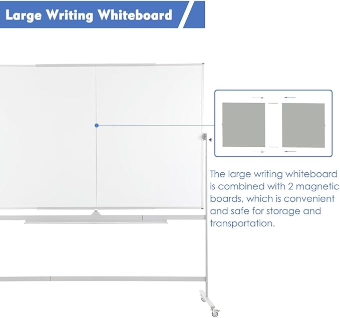 FORTUNO Large Magnetic Mobile Whiteboard 72"x40", Rolling Double Sided Stand Whiteboard on Wheels, Reversible Adjustable Height/Angle Dry Erase Board Easel White Board for Office Classroom