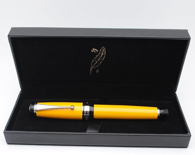 Metal Big Fountain Pen Set Medium Nib 0.7mm, Includes Ink Refill Converter, 5 Ink Cartridges & Gift Box (Medium Nib 0.7mm, Yellow with Silvery Clip)