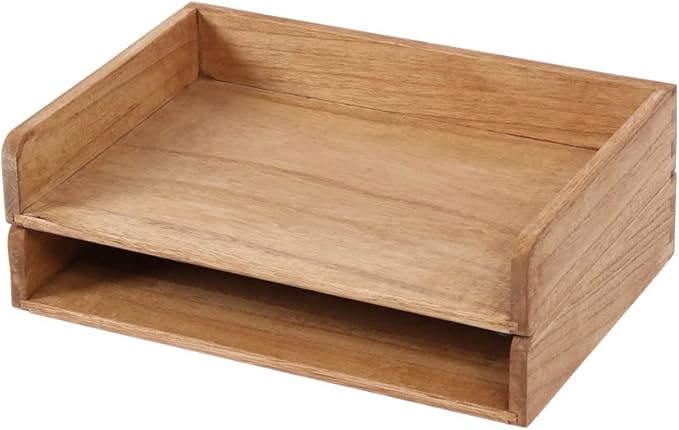 Wood Stackable Paper Trays for Office Supplies and Accessories - Desk Organizer Tray for Letter Document Magazine -Wooden Desktop File Folder Holder Shelf 2 Set Light(2CTP-LT)