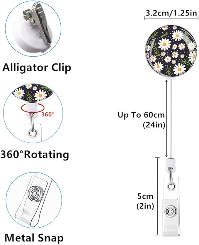 Retractable ID Badge Holder Nurse Badge Reels with Clip Name Card Holders for Office Worker Doctor Nurse (Cute Flowers 3 Pack)