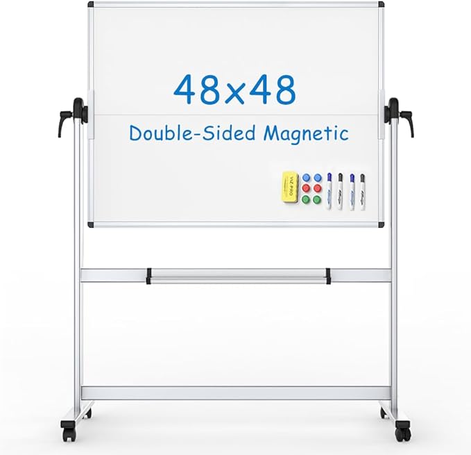 VIZ-PRO Double-Sided Mobile Whiteboard, 48 x 48 Inches, Magnetic Rolling Dry Erase White Board on Wheels with Aluminium Frame and Stand