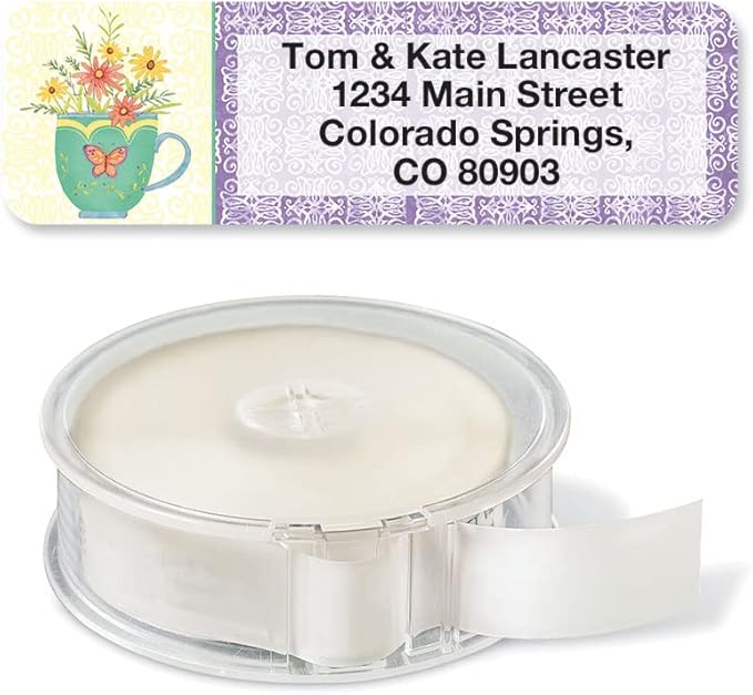Teacups Rolled Personalized Return Address Mailing Labels with Dispenser, Set of 250, 5 Designs, Small ¾ x 2½ Inch Size, Custom Self-Adhesive Sticker Roll, by Colorful Images
