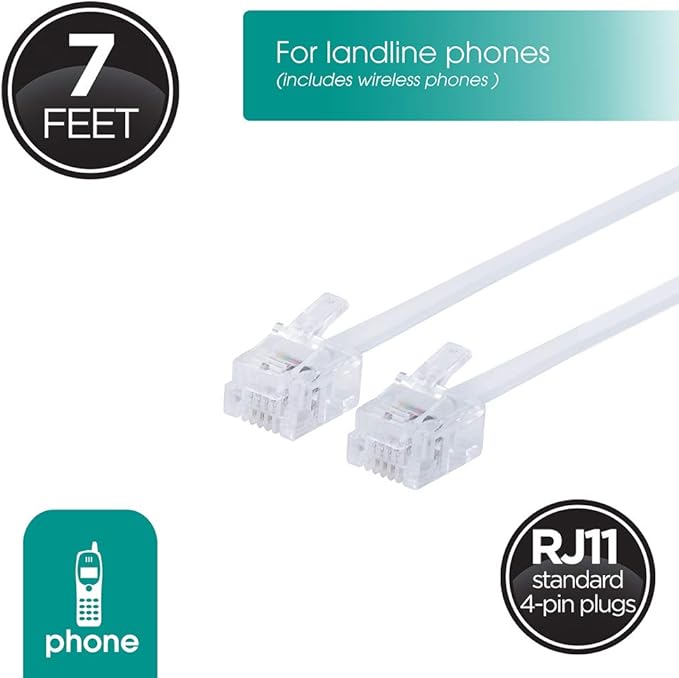 power gear Telephone Line Cord, 2 Pack, 7 Feet, Phone Cord, Modular Jack Ends, Works for Phone, Modem or Fax Machine, for Use in Home or Office, White, 46078