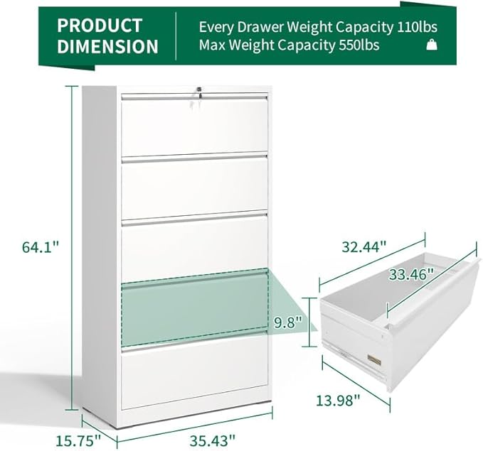 5 Drawer Lateral File Cabinet with Lock, Metal Filing Cabinets for Home Office, Steel Storage Wide File Cabinet for Letter/Legal/F4/A4 Size with Hanging Bars, Assembly Required (White)