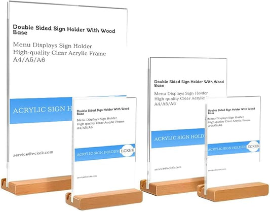 Acrylic Sign Holder A4/A5/A6 Menu Displays Double Sided, Wood Base Table Top Sign Stand (Vertical A4 210×297mm/8.27×11.69 inches