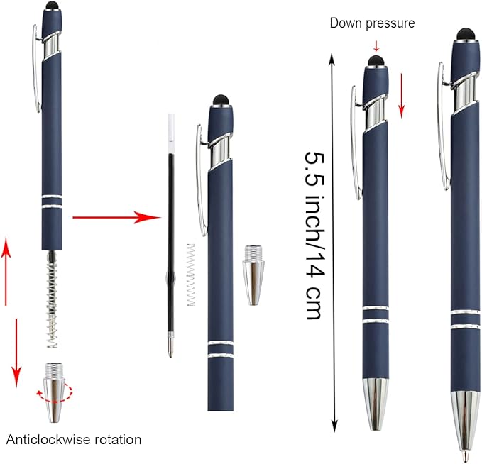 PASISIBICK 12 Pieces Blue Ballpoint Pen with Stylus Tip, 2 in 1 Stylus Stylish Pen, Premium Metal Stylus Pen for Touch Screens, Black Ink, 1.0 mm Medium Point.(12 PCS Blue)