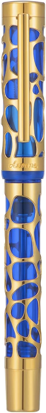 Asvine V169 Vacuum Filling Fountain Pen Extra Fine Nib, Water Drop Skeleton Gold Trim Transparent Blue Acrylic Pen Case Set