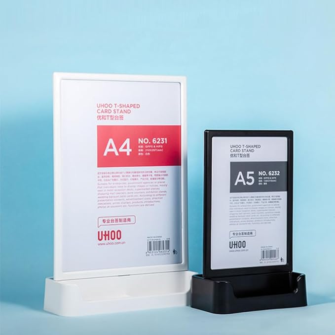 ABS Plastic Sign Holder, Menu Displays T Shape Sign Stand with Business Card Holder, Plastic Display Stand for Ads, Menu, Photos, Business Card (White A4 210×297mm/8.27×11.69 inches)