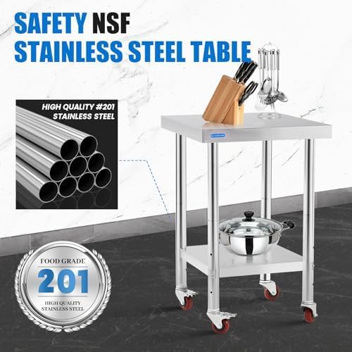 Stainless Steel Table for Prep & Work with Undershelf 24 x 24 Inches NSF Metal Commercial Kitchen Prep Table with Adjustable Under Shelf Worktable for Restaurant Home Outdoor