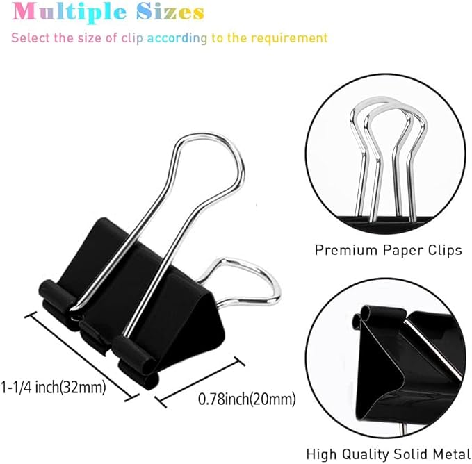 Medium Binder Clips, 72 Pack, 1-1/4 Inch, 1.25 Inch, Standard 32mm, Black, Capacity 0.6 Inch, Metal Paper Clips, Fold Clamp, Office Clips, School & Home Use