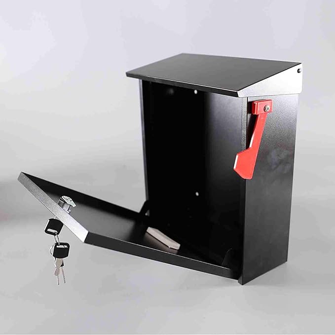 Wall Mount Locking Mailbox - Black Large Capacity Security House Numbers Mailbox - Waterproof Stainless Steel Vertical Drop Mail Box Outdoor with Keys