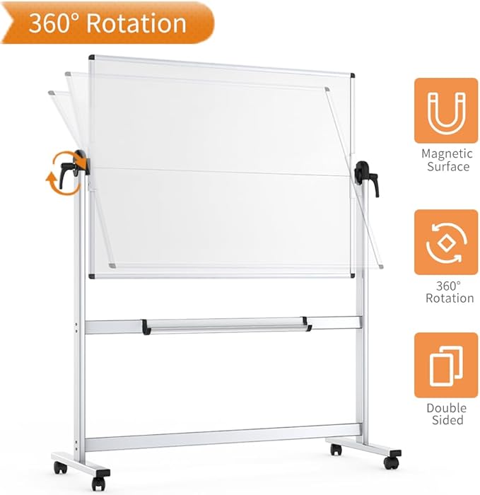 VIZ-PRO Double-Sided Mobile Whiteboard, 48 x 48 Inches, Magnetic Rolling Dry Erase White Board on Wheels with Aluminium Frame and Stand