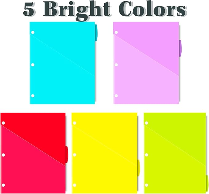 INFUN Plastic 5-Tab Binder Dividers with 2 Pockets - 3 Sets,15PCS Multicolor 2 Pocket Dividers with 3 Holes for 3 Ring Binders ，Total 15 Tabs