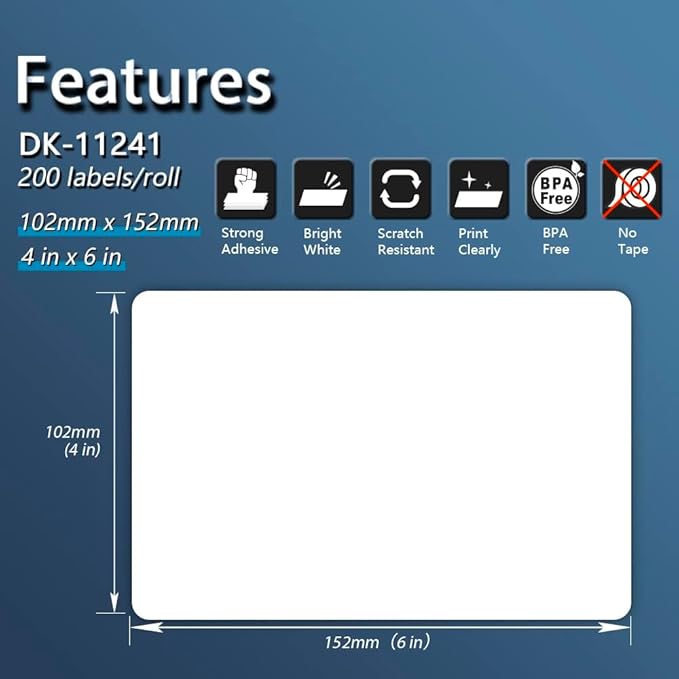 BETCKEY - Compatible Shipping Labels Replacement for Brother DK-1241 (4" x 6"), Use with Brother QL Label Printers [6 Rolls + 1 Reusable Cartridge]